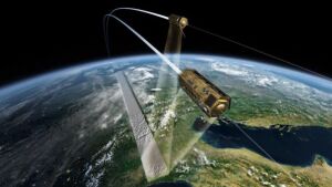 Die Satelliten TerraSAR-X und TanDEM-X im Formationsflug (Flughöhe ca. 500 km).