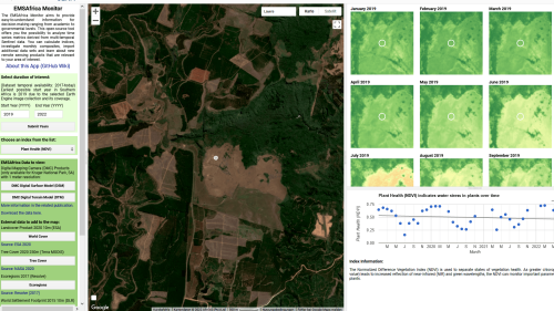 EMSAfrica Monitor Screenshot der Google Earth Engine App mit einem Untersuchungsgebiet in Südafrika